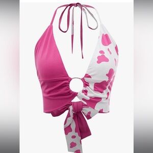 Pink and white cow print crop top